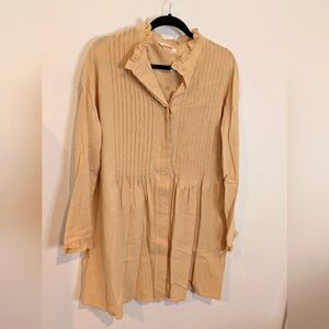 Tan Long-Sleeve Pleated Cotton Dress